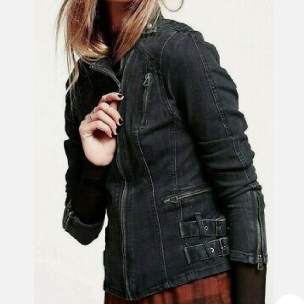 Free People Strap & Buckle Denim Moto Jacket